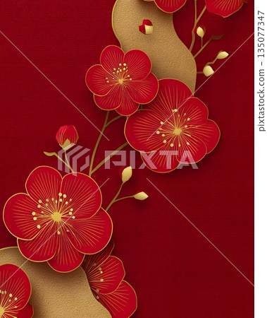 Elegant Red Floral Design with Gold Accents on Rich Background 135077347