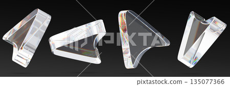 Glass arrow cursors set isolated on black background. Clear transparent 3D computer mouse render icon with rainbow light refraction, user interface navigation symbol to click button. 3D illustration Glass arrow cursors set isolated on black background. Clear transparent 3D computer mouse render icon with rainbow light refraction, user interface navigation symbol to click button. 3D illustration 135077366
