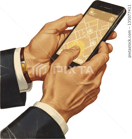 1950s business advertisement style man in suit searching for information on smartphone 135077411