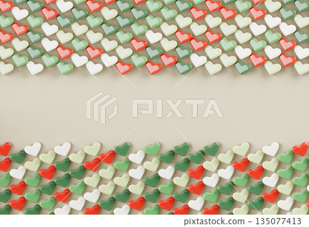 3d hearts border frame, love symbols in red, green and white colors on saint valentine day, 23 february or birthday. Holiday horizontal banner, greeting card, romantic flyer backdrop. 3D illustration 135077413