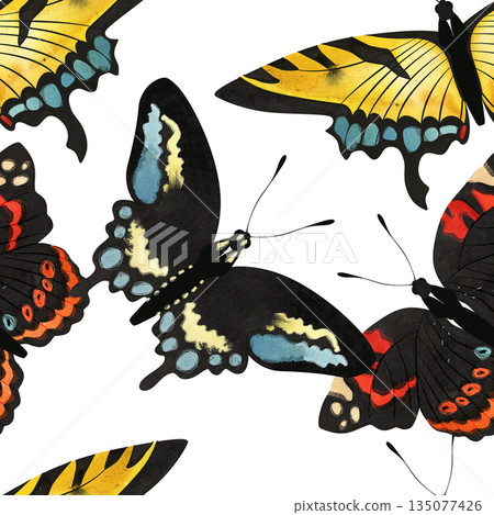 Butterfly. Black swallowtail, Eastern tiger swallowtail, Red admiral. Seamless watercolor pattern for printing on fabric, textiles, wrapping paper, bags, notebooks and notepads. Butterfly. Black swallowtail, Eastern tiger swallowtail, Red admiral. Seamless watercolor pattern for printing on fabric, textiles, wrapping paper, bags, notebooks and notepads. 135077426
