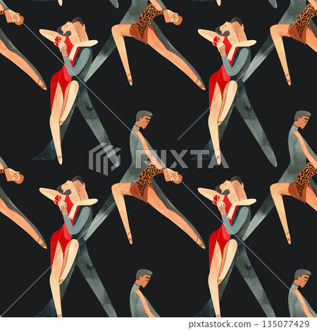 Dancing as a hobby for adults. ProAm in a dance studio. Seamless watercolor pattern for textile and fabric design for training dresses, bodysuits and suits. Merch for a dance studio. 135077429