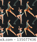 Dancing as a hobby for adults. ProAm in a dance studio. Seamless watercolor pattern for textile and fabric design for training dresses, bodysuits and suits. Merch for a dance studio. 135077436