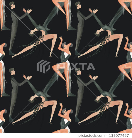 Dancing as a hobby for adults. ProAm in a dance studio. Seamless watercolor pattern for textile and fabric design for training dresses, bodysuits and suits. Merch for a dance studio. Dancing as a hobby for adults. ProAm in a dance studio. Seamless watercolor pattern for textile and fabric design for training dresses, bodysuits and suits. Merch for a dance studio. 135077437