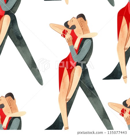 Latin American program of sport ballroom dancing. ProAm show. Seamless pattern for decoration of merch and souvenirs of dance school for adults. Wrapping paper, paper bags, notebook cover 135077443