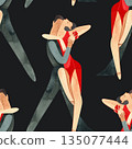 Latin American program of sport ballroom dancing. ProAm show. Seamless pattern for decoration of merch and souvenirs of dance school for adults. Wrapping paper, paper bags, notebook cover 135077444