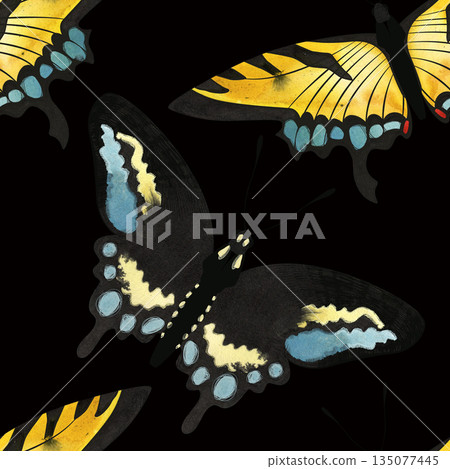 Butterfly. Black swallowtail, Eastern tiger swallowtail. Seamless watercolor pattern for printing on fabric, textiles, wrapping paper, bags, notebooks and notepads. Trend for spring/summer 2026 135077445