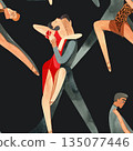 Couples on the parquet dancing La. Professional dancers on the performance. Seamless watercolor pattern for the design of the corporate identity of the brand of the dance school for adults. 135077446