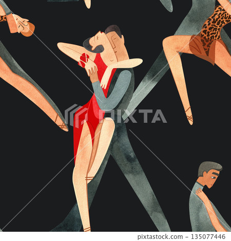 Couples on the parquet dancing La. Professional dancers on the performance. Seamless watercolor pattern for the design of the corporate identity of the brand of the dance school for adults. 135077446