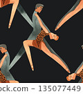 Latin American program of sport ballroom dancing. ProAm show. Seamless pattern for decoration of merch and souvenirs of dance school for adults. Wrapping paper, paper bags, notebook cover 135077449