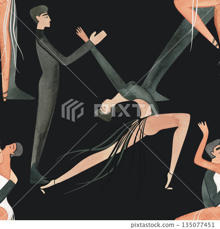 Couples on the parquet dancing La. Professional dancers on the performance. Seamless watercolor pattern for the design of the corporate identity of the brand of the dance school for adults. Couples on the parquet dancing La. Professional dancers on the performance. Seamless watercolor pattern for the design of the corporate identity of the brand of the dance school for adults. 135077451
