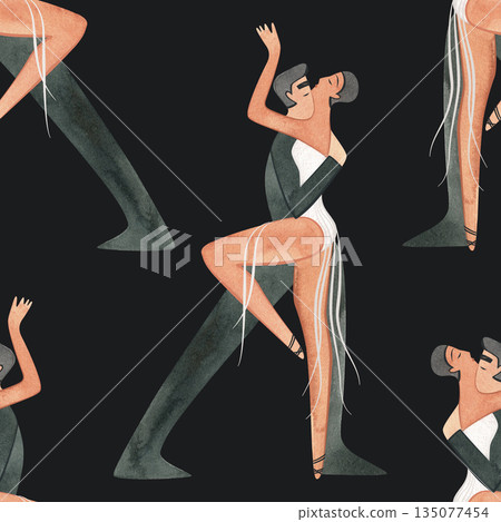 Couples on the parquet dancing La. Professional dancers on the performance. Seamless watercolor pattern for the design of the corporate identity of the brand of the dance school for adults. Couples on the parquet dancing La. Professional dancers on the performance. Seamless watercolor pattern for the design of the corporate identity of the brand of the dance school for adults. 135077454