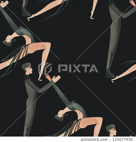 Couples on the parquet dancing La. Professional dancers on the performance. Seamless watercolor pattern for the design of the corporate identity of the brand of the dance school for adults. Couples on the parquet dancing La. Professional dancers on the performance. Seamless watercolor pattern for the design of the corporate identity of the brand of the dance school for adults. 135077456