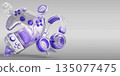 3d glass gaming gadgets - transparent and purple wireless controller, gamepad joystick, handheld video game console and headphones. Videogame devices flying on grey render background. 3D illustration 135077475