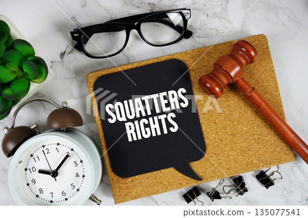 Squatters Rights text on speech bubble with alarm clock and wooden gavel on marble background Squatters Rights text on speech bubble with alarm clock and wooden gavel on marble background 135077541