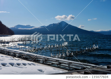 「一月的支笏湖”，海浪拍打著冰封的碼頭，背景是白雪皚皚的福布希山。 135077604