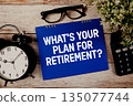 What's Your Plan For Retirement? text with alarm clock and calculator on wooden background 135077744