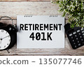 Retirement 401K text with alarm clock and calculator on wooden background 135077746