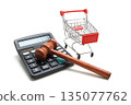 Calculator with Shopping Cart and Wooden judge gavel isolated on white background 135077762