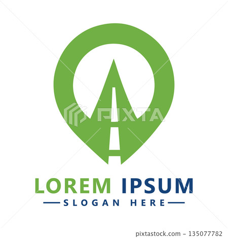 Green Map Pin Logo Design with Road Arrow Vector Graphic Template for Navigation and Travel Branding 135077782