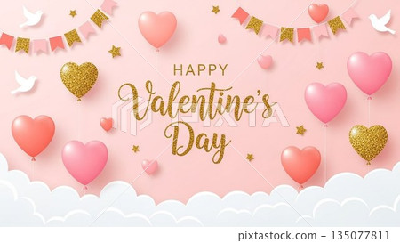 Valentine's Day background with 3D hearts and balloons Valentine's Day background with 3D hearts and balloons 135077811