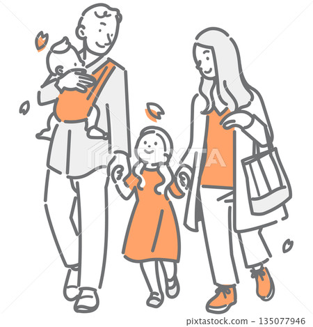 A young family enjoying a spring walk. A simple and stylish line drawing illustration 135077946