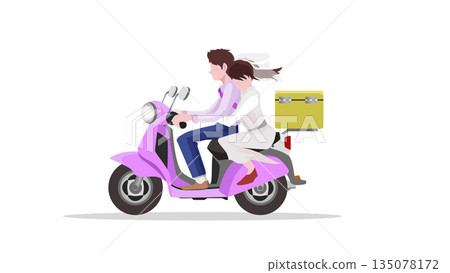 Couple riding a pink scooter with a yellow delivery box. Flat vector illustration of man and woman traveling on a motorcycle. Transportation and lifestyle concept on white background. 135078172