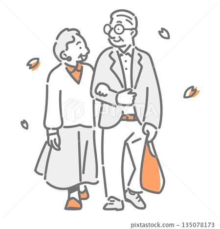 一幅簡潔而時尚的線條畫，描繪了一對老年夫婦享受春日漫步的場景。 135078173