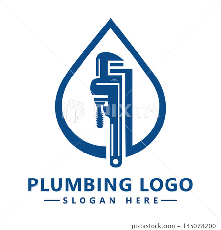 Plumbing Logo Design with Pipe Wrench Inside Water Droplet Vector Graphic Template for Repair Branding 135078200