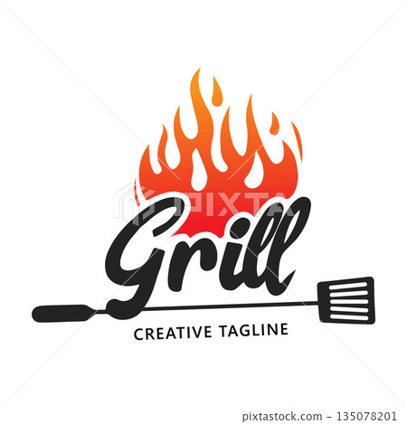 Grill Logo Design with Flame and Spatula Vector Graphic Template for Barbecue and Food Branding 135078201