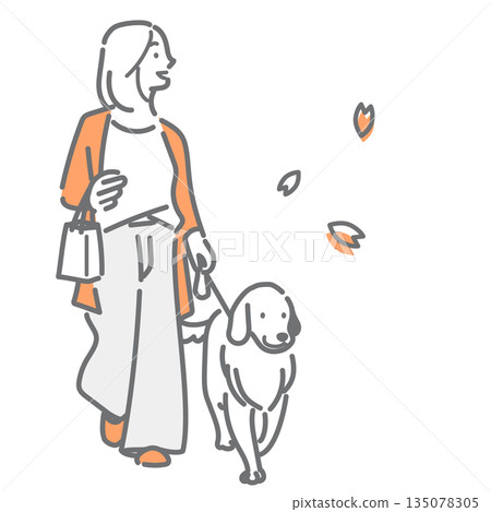一幅簡潔時尚的線條畫，描繪了一位年輕女子遛狗的場景。 135078305