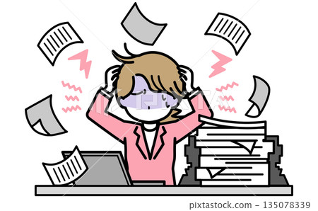 Illustration of an overworked woman with piles of documents flying around. 135078339