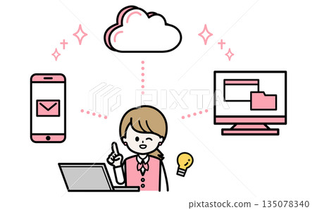 Illustration of digital transformation of female staff who improve their work by introducing cloud computing Illustration of digital transformation of female staff who improve their work by introducing cloud computing 135078340