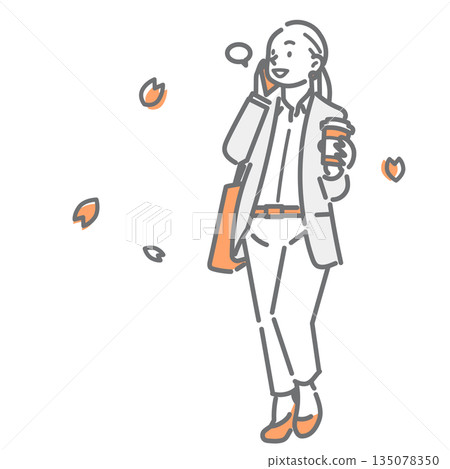 A smiling woman going to work with a refreshing feeling. A simple and stylish line drawing illustration 135078350