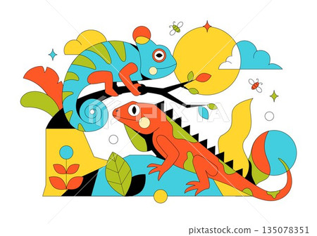 Reptile Vector Illustration Featuring Detailed Scales And Natural Wildlife Design With Various Species Of Reptilian Animals In Flat Background 135078351