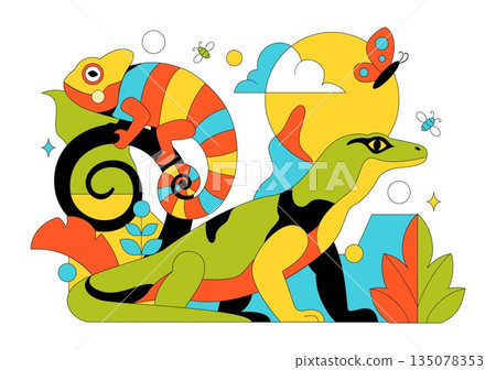 Reptile Vector Illustration Featuring Detailed Scales And Natural Wildlife Design With Various Species Of Reptilian Animals In Flat Background 135078353
