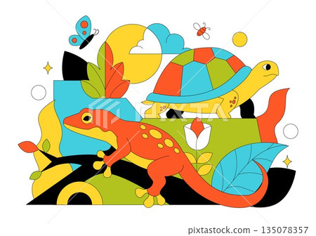 Reptile Vector Illustration Featuring Detailed Scales And Natural Wildlife Design With Various Species Of Reptilian Animals In Flat Background 135078357