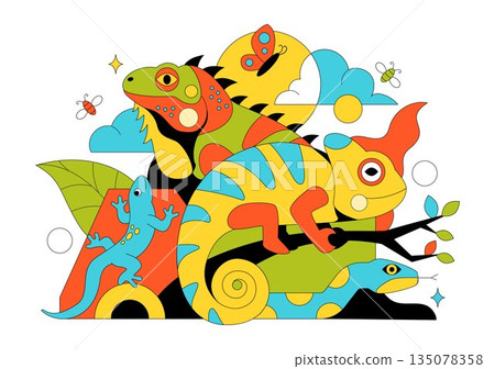 Reptile Vector Illustration Featuring Detailed Scales And Natural Wildlife Design With Various Species Of Reptilian Animals In Flat Background 135078358