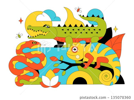 Reptile Vector Illustration Featuring Detailed Scales And Natural Wildlife Design With Various Species Of Reptilian Animals In Flat Background Reptile Vector Illustration Featuring Detailed Scales And Natural Wildlife Design With Various Species Of Reptilian Animals In Flat Background 135078360