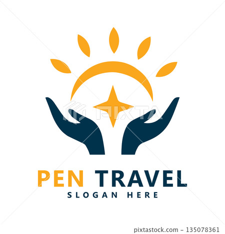 Pen Travel Logo Design with Sun and Hands Vector Graphic Template for Safe and Enlightened Tourism Branding Pen Travel Logo Design with Sun and Hands Vector Graphic Template for Safe and Enlightened Tourism Branding 135078361