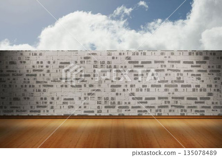 Flat design outdoor terrace is showing polished wooden deck with gray brick wall under blue sky 135078489