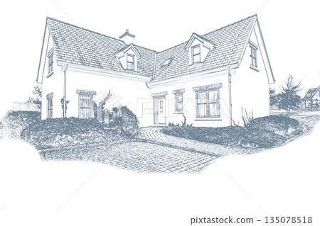 Showing 2-story house in line sketch with pitched roof, dormers, chimney, brick walkway, driveway 135078518