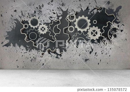 Splash on wall revealing cogs and wheels 135078572