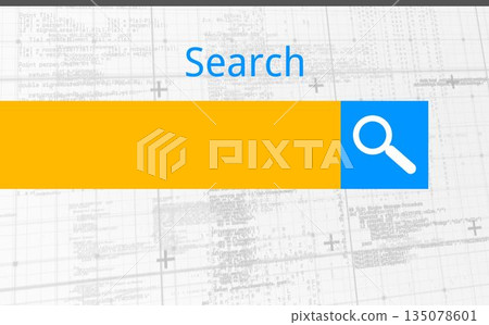 Search widget is being shown in flat design with golden input, blue magnifier button, code backdrop 135078601