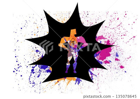 Showing stylized superhero light bulb head in starburst splashing rainbow paint on white backdrop Showing stylized superhero light bulb head in starburst splashing rainbow paint on white backdrop 135078645