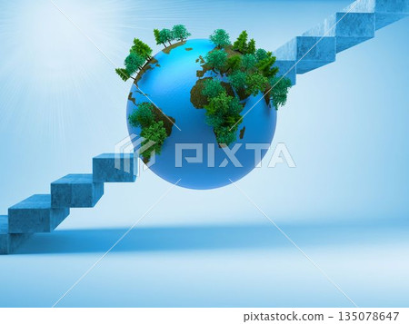 3D Earth sphere is featuring green trees on brown continents, showing stone steps and light rays 3D Earth sphere is featuring green trees on brown continents, showing stone steps and light rays 135078647