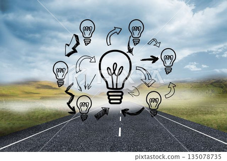Light bulbs graphic on bright landscape Light bulbs graphic on bright landscape 135078735