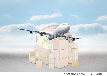 Illustration of airplane flying over globe and boxes Illustration of airplane flying over globe and boxes 135078806