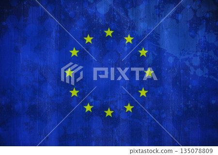 Displaying flat design EU flag with textured blue backdrop featuring circle of twelve yellow stars Displaying flat design EU flag with textured blue backdrop featuring circle of twelve yellow stars 135078809