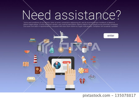 Graphic image of cropped hands with tablet and symbols 135078817